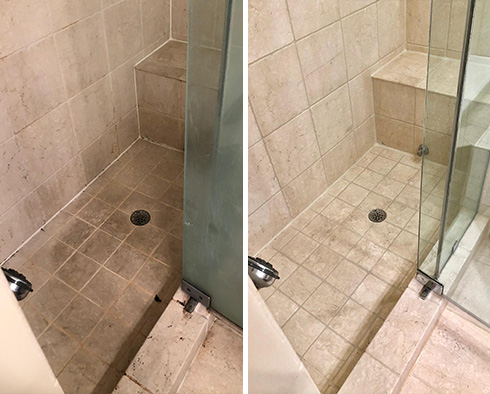 Shower Stall Before and After a Stone Cleaning in Wilmington