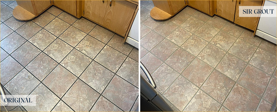 Kitchen Floor Before and After a Grout Cleaning in Middletown