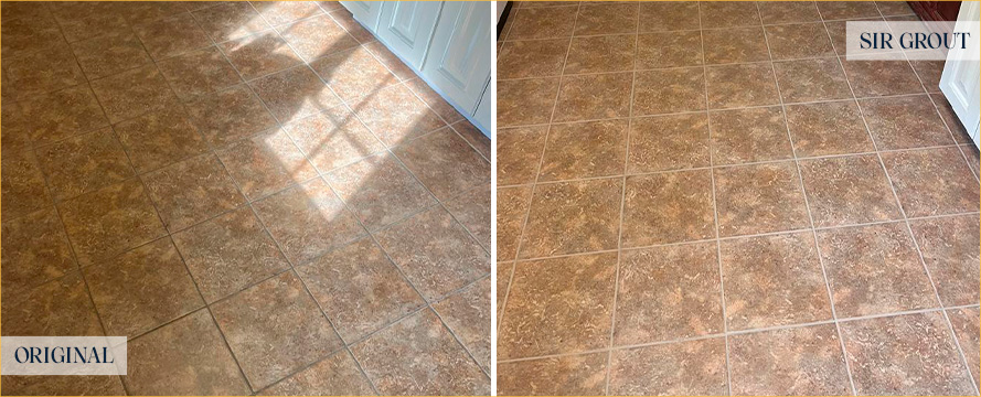 Tile Floor Before and After a Grout Recoloring in Townsend