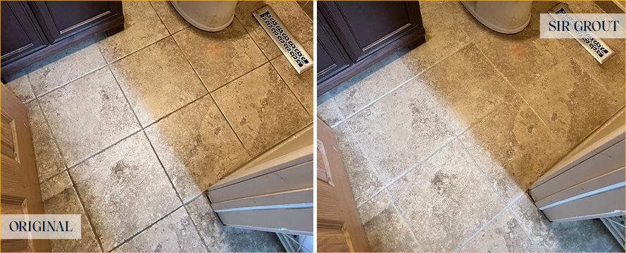 Bathroom Floor Before and After a Grout Sealing in New Castle